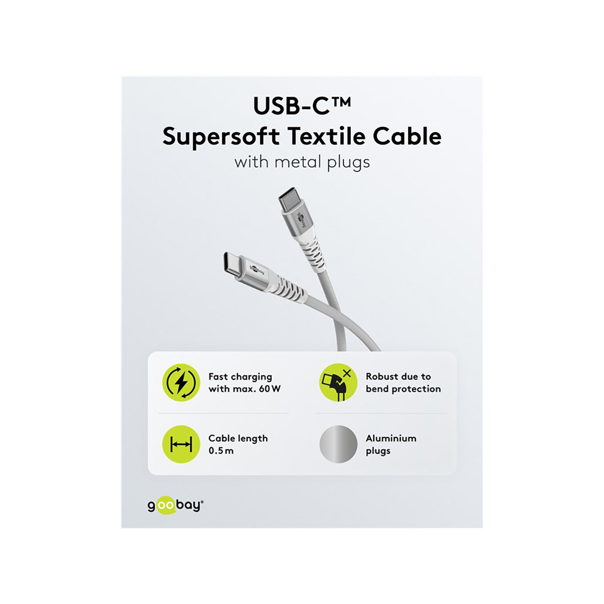 Goobay USB-C™ Supersoft Textile Cable with Metal Plugs 3 m for Smartphone/Tablets/Laptops - White