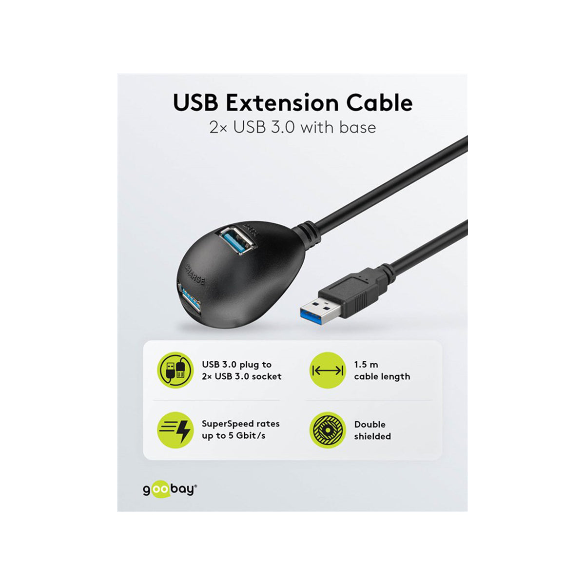 Goobay USB 3.0 Hi-Speed Extension Cable with Desktop Foot 1.5M for USB Sticks/Bluetooth Dongles/Card Readers - Black