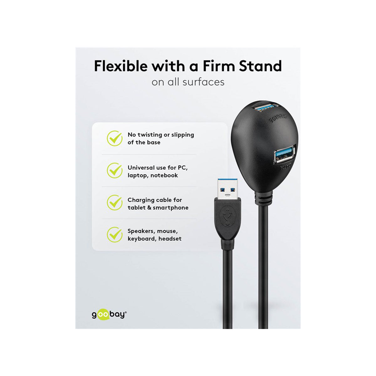 Goobay USB 3.0 Hi-Speed Extension Cable with Desktop Foot 1.5M for USB Sticks/Bluetooth Dongles/Card Readers - Black