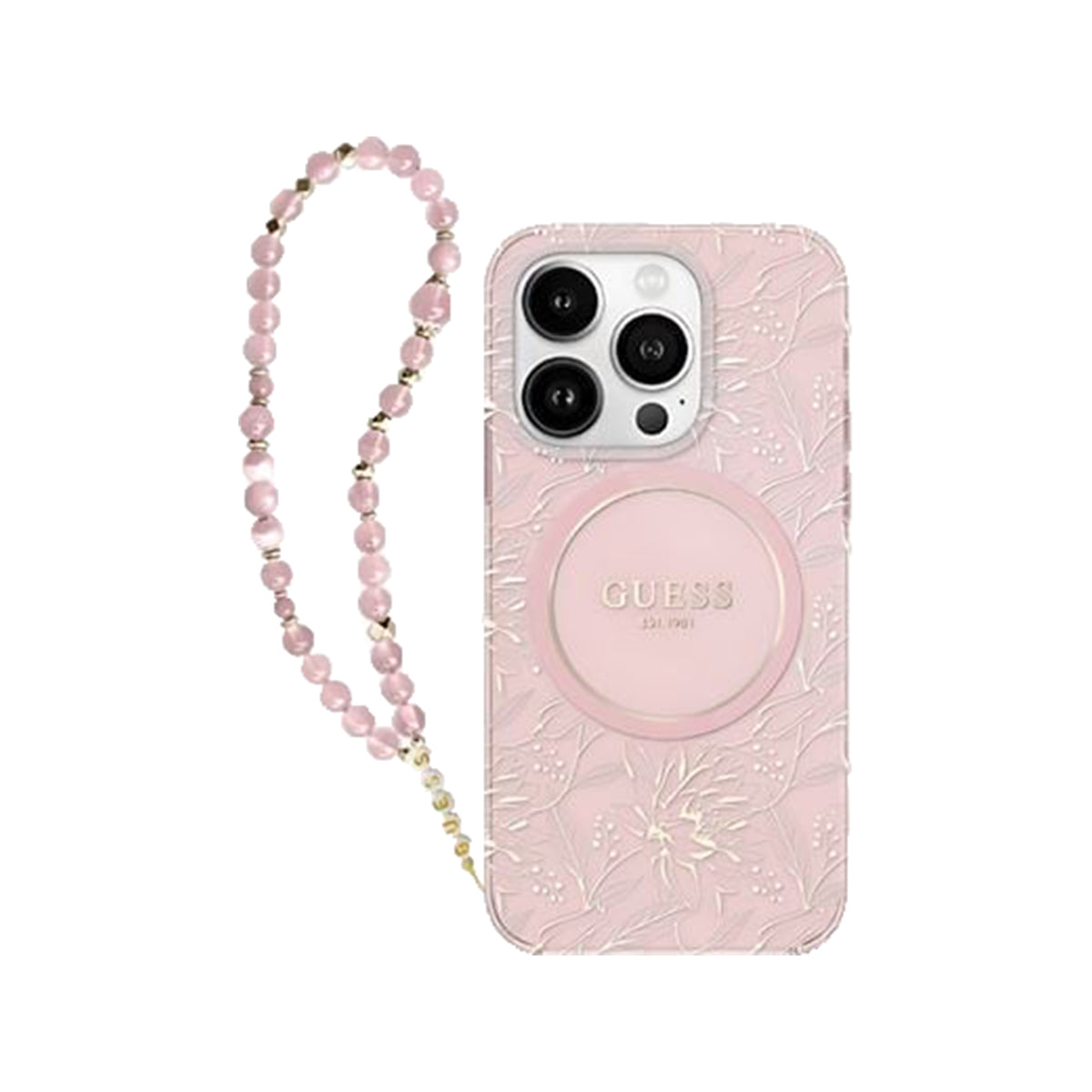 Guess Flowers with Bead Strap MagSafe Compatible Phone Case for iPhone 16 Pro - Pink