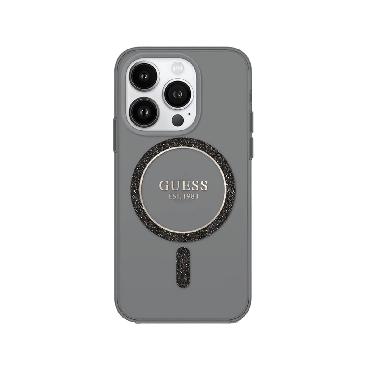 Guess Fixed Glitter MagSafe Compatible Phone Case for iPhone 16 Pro Max -Smokey/Black