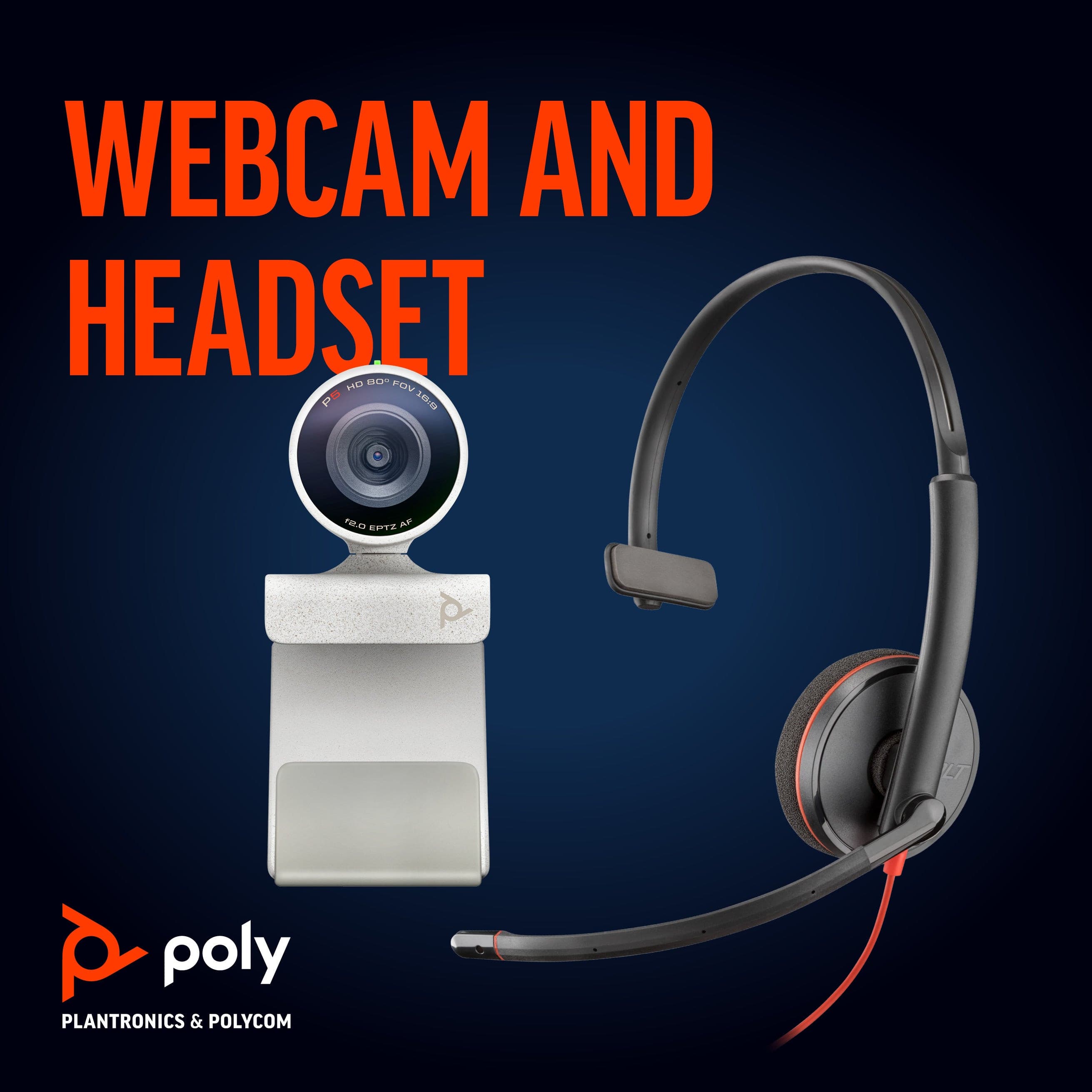 Poly Studio P5 HD Webcam Kit with Blackwire 3210 USB-A Mono Headset Bundle.