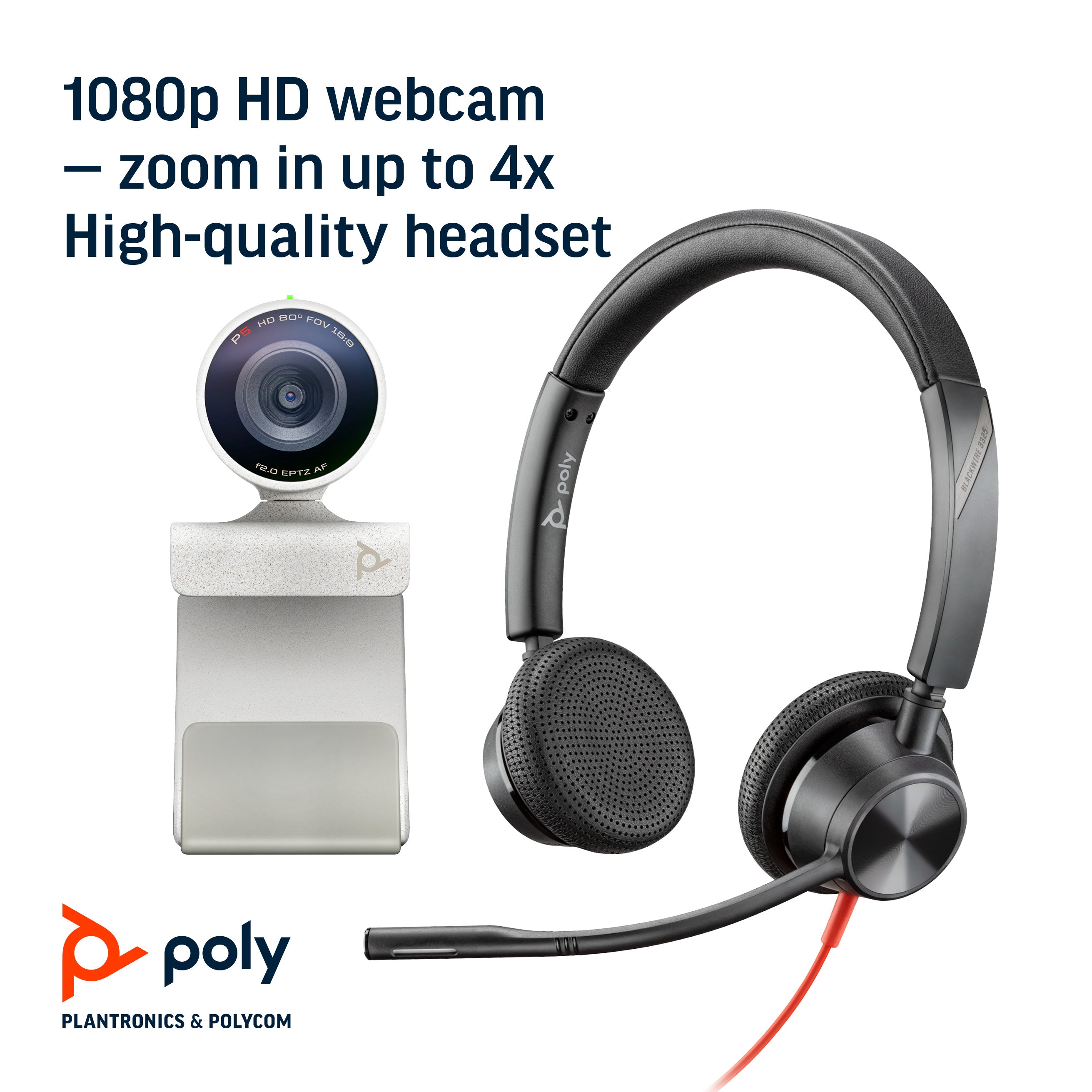 Poly Studio P5 HD Webcam Kit with Blackwire 3325 USB-A Headset Bundle.