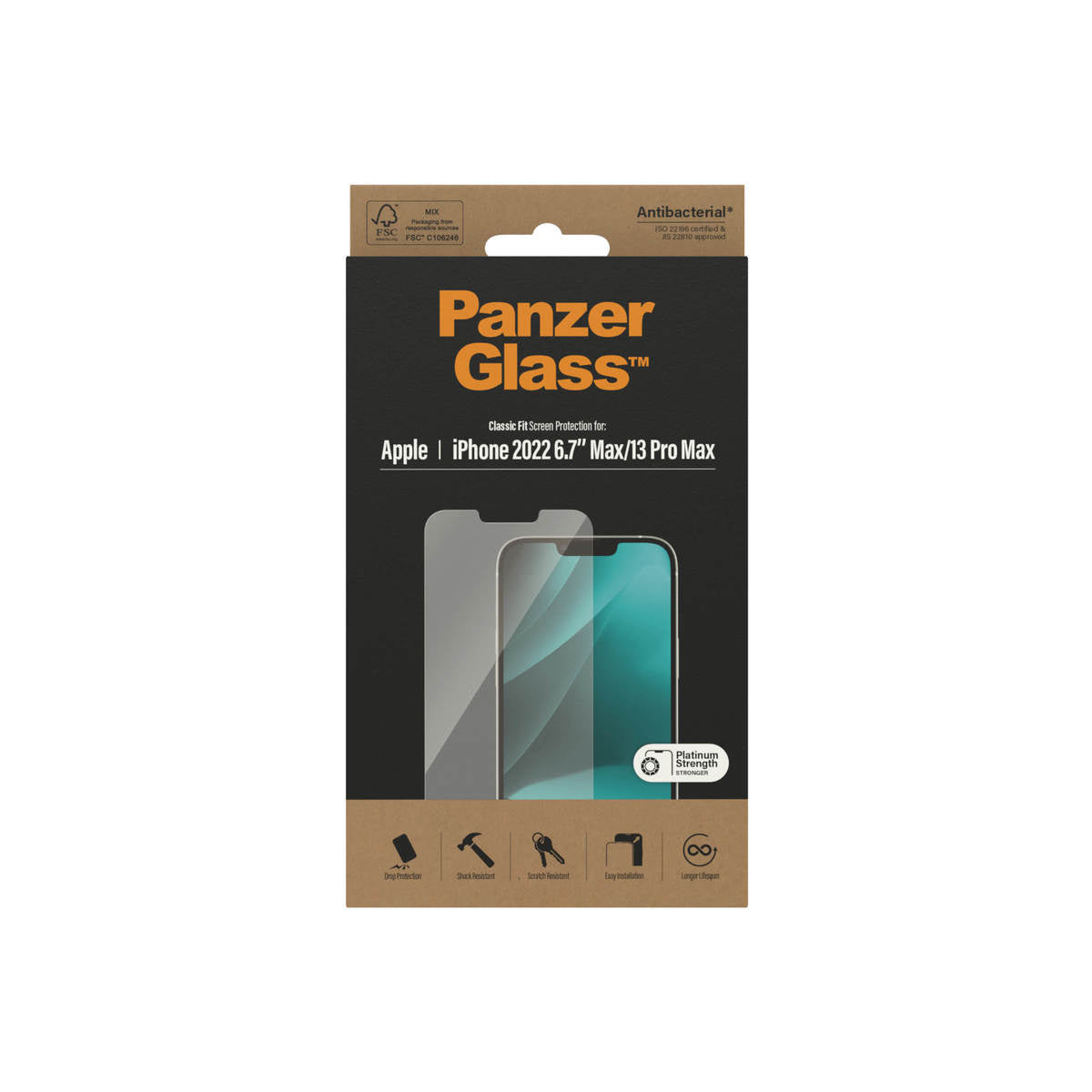 PanzerGlass Classic Fit Antibacterial Screen Protector for iPhone 14 Plus.