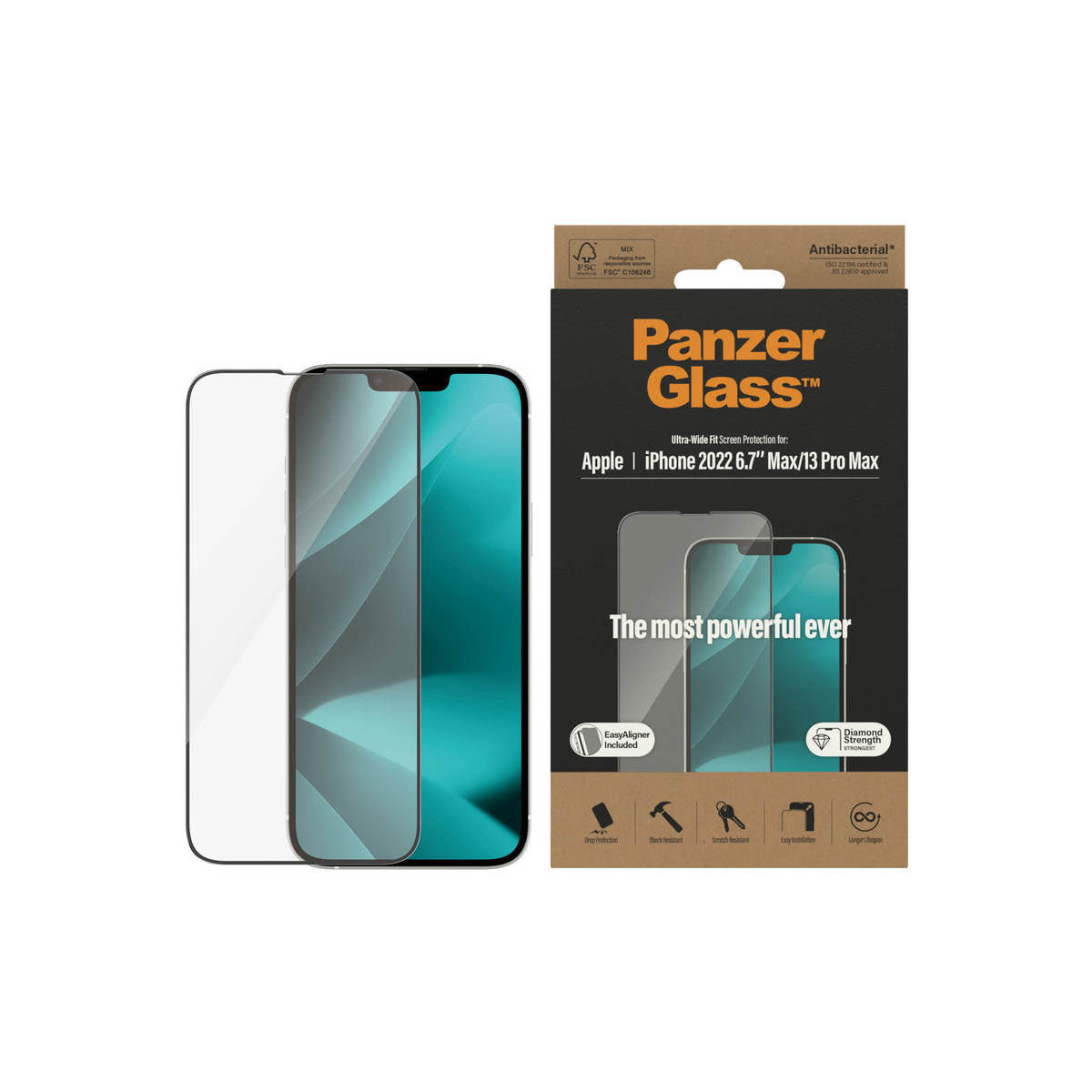 PanzerGlass Ultra-Wide Fit Antibacterial Screen Protector for iPhone 14 Plus.