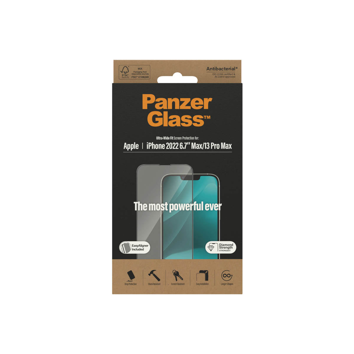 PanzerGlass Ultra-Wide Fit Antibacterial Screen Protector for iPhone 14 Plus.