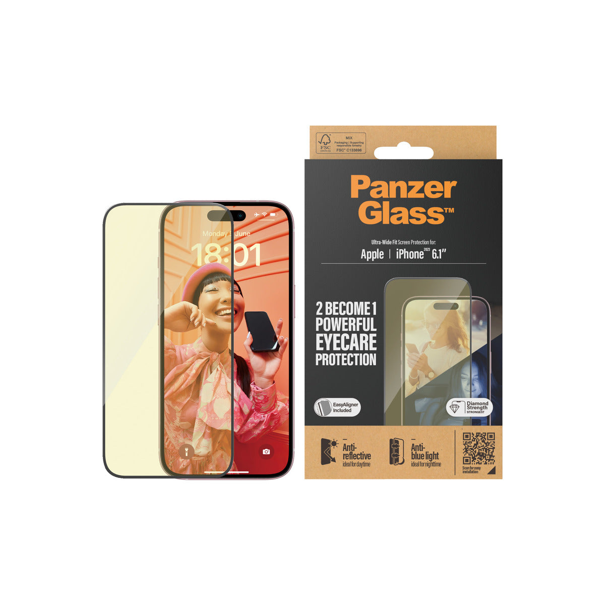 PanzerGlass EyeCare Ultra Wide Fit Screen Protection with EasyAligner for iPhone 15