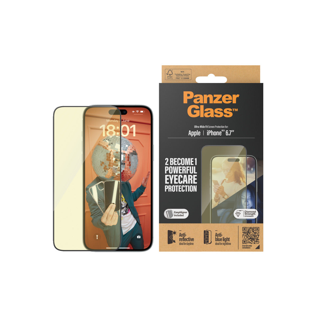 PanzerGlass EyeCare Ultra Wide Fit Screen Protection with EasyAligner for iPhone 15 Plus