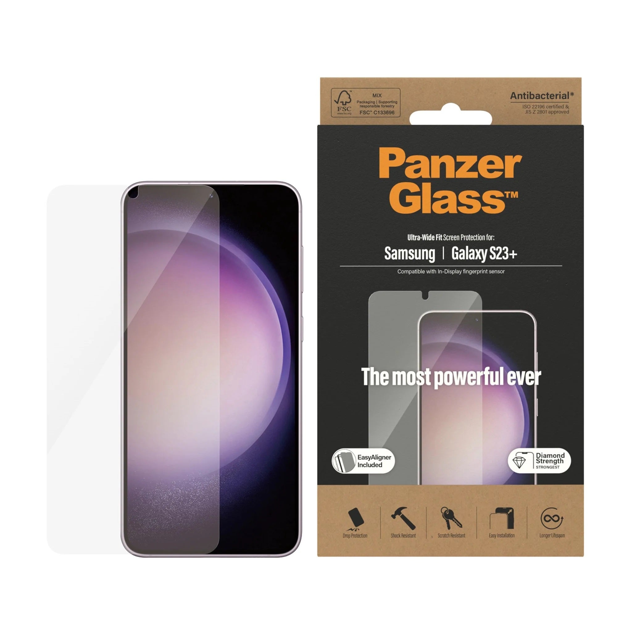 PanzerGlass™ Ultra-Wide fit with EasyAligner Screen Protector for Samsung Galaxy S23 Plus.