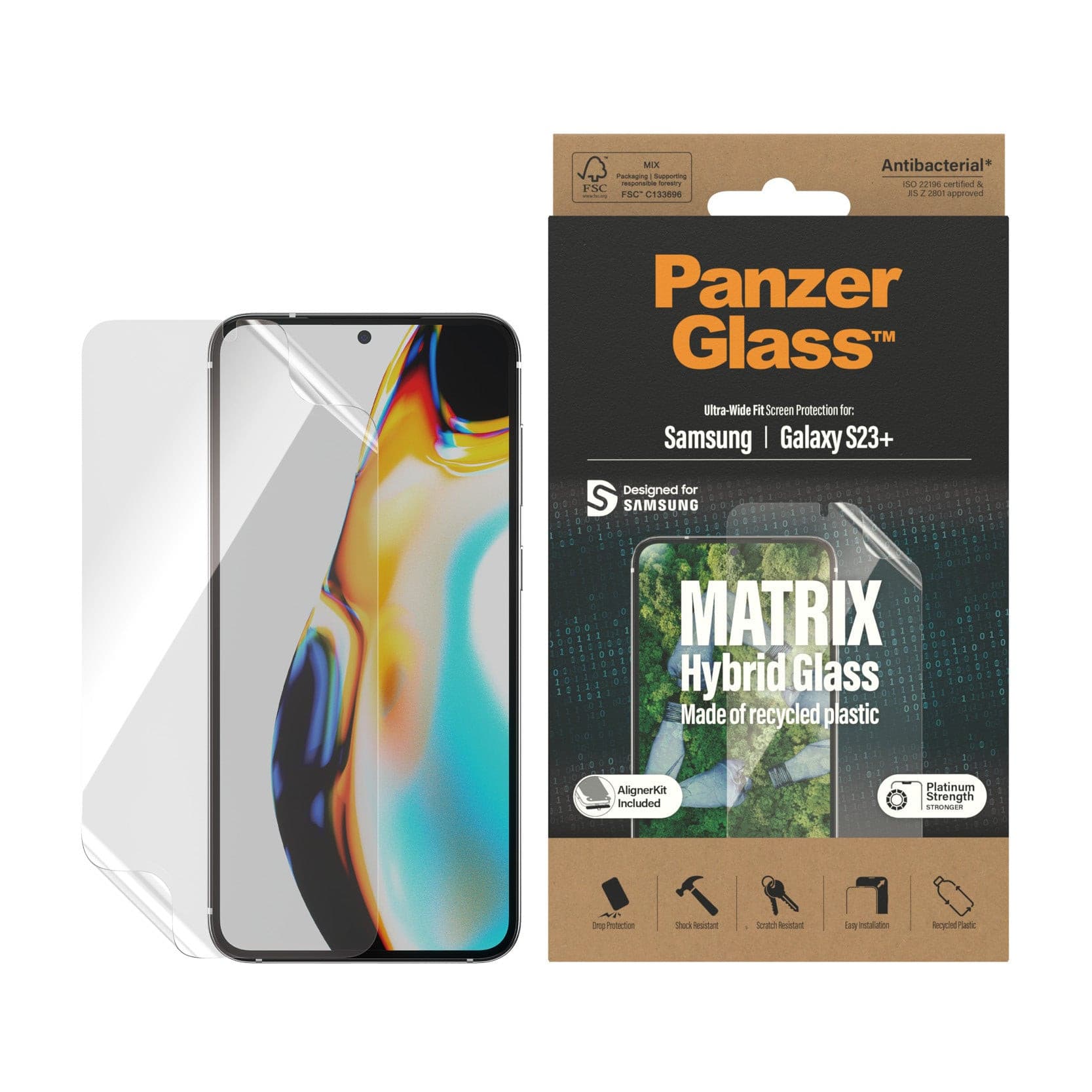 PanzerGlass™ Matrix Hybrid Glass with EasyAligner Screen Protector for Samsung Galaxy S23 Plus.