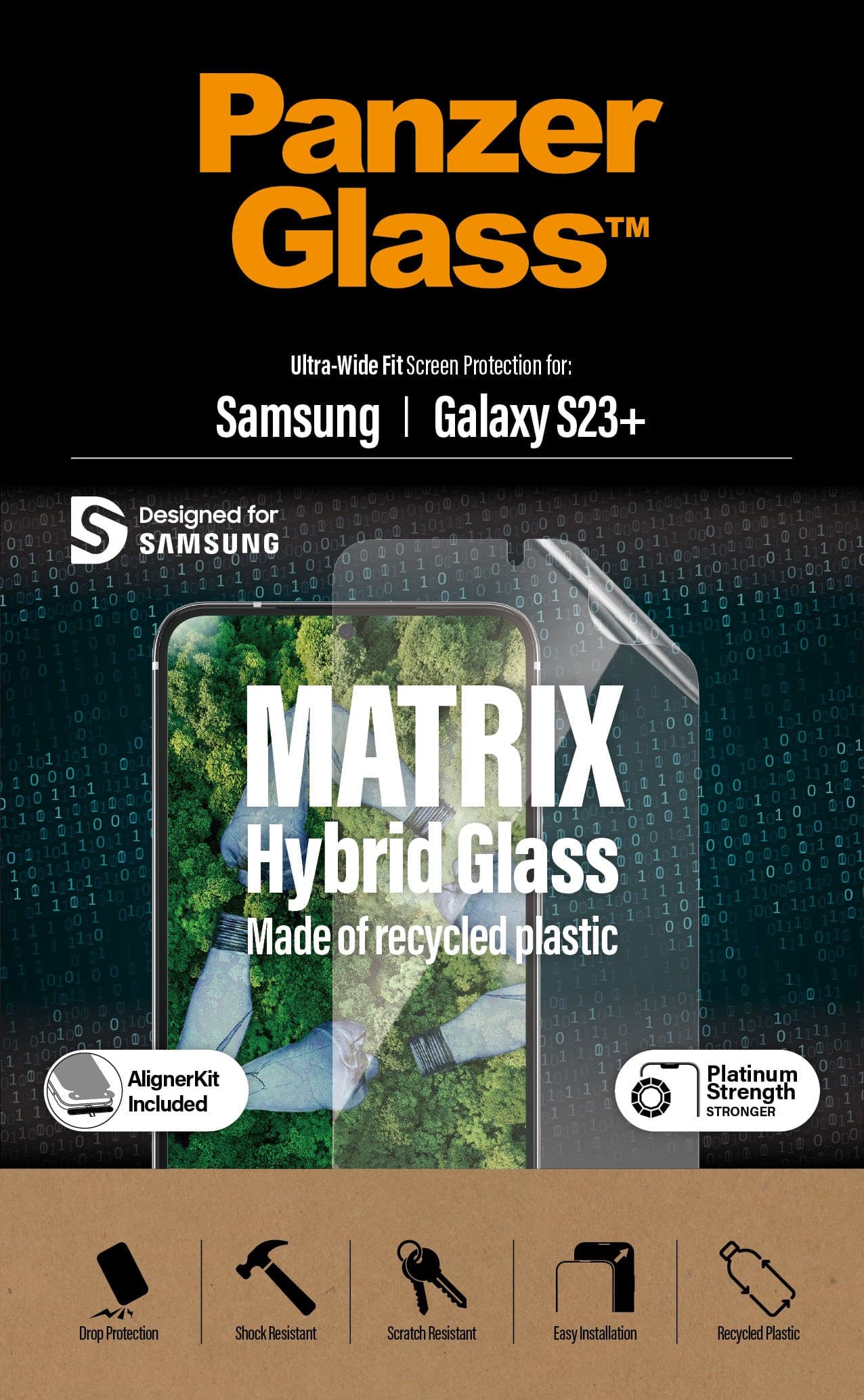 PanzerGlass™ Matrix Hybrid Glass with EasyAligner Screen Protector for Samsung Galaxy S23 Plus.