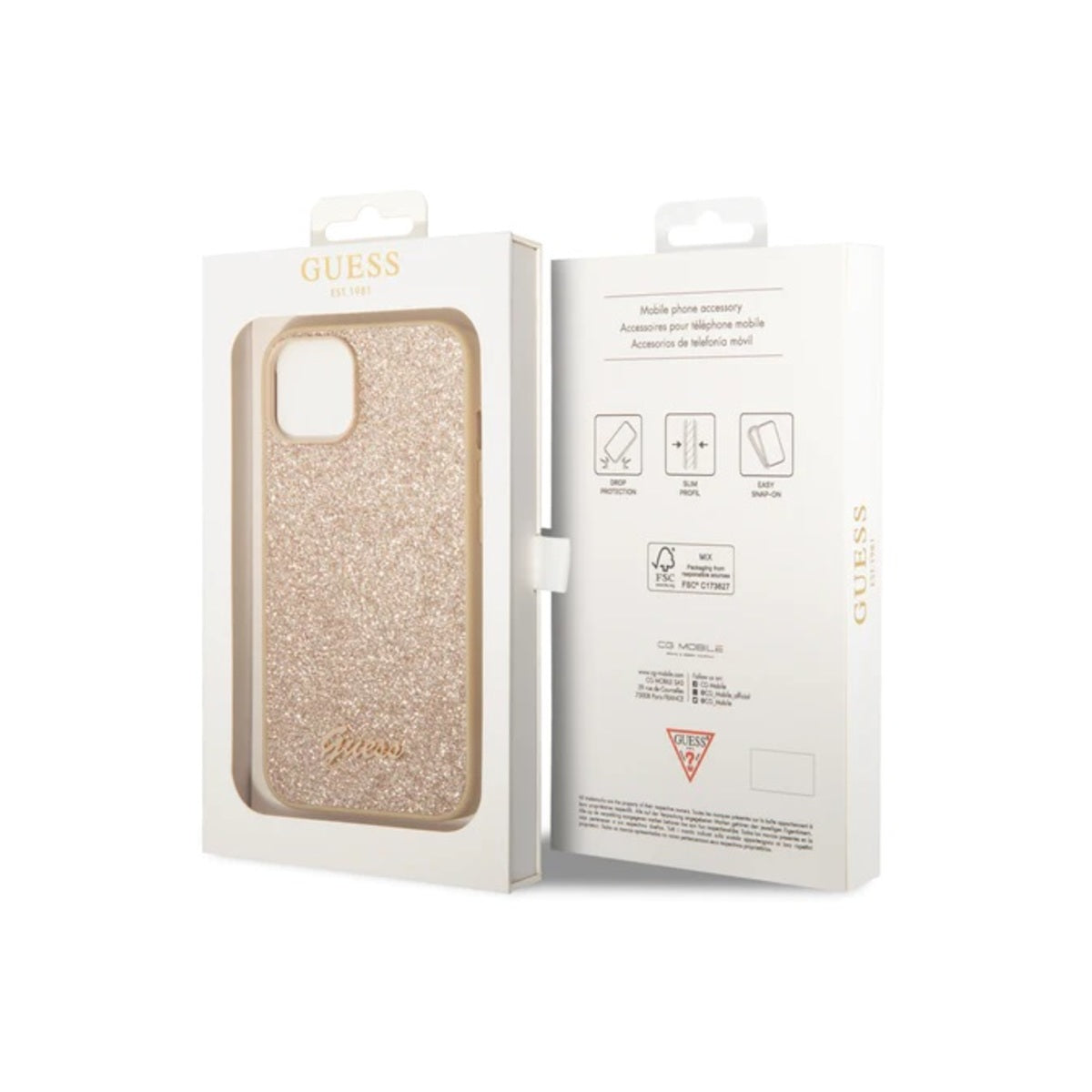 Guess Glitter Flakes Phone Case for iPhone 14.