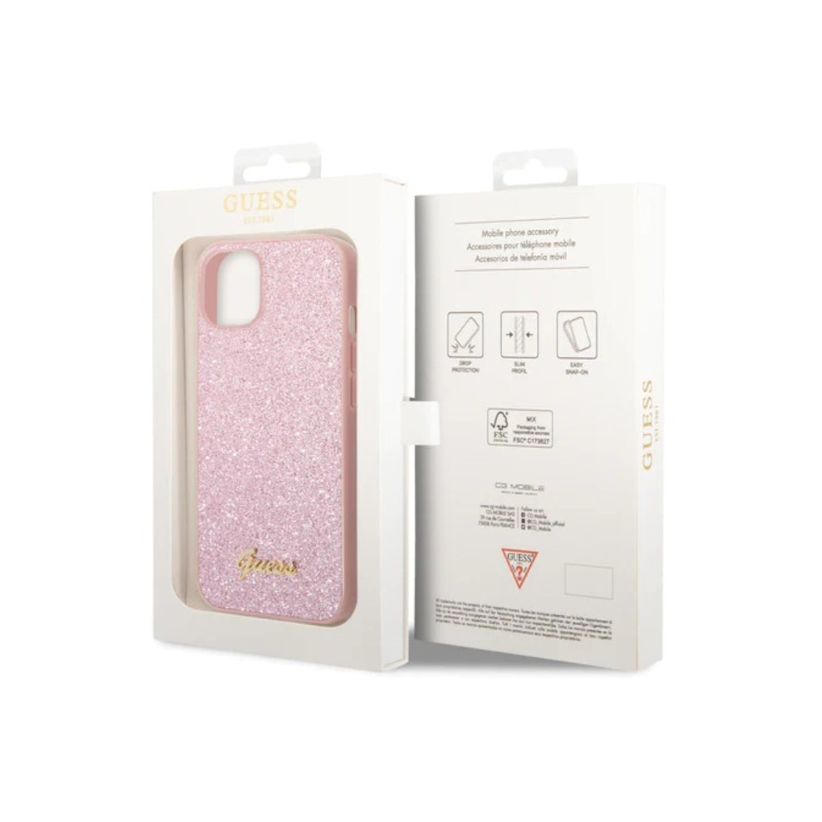 Guess Glitter Flakes Phone Case for iPhone 14.