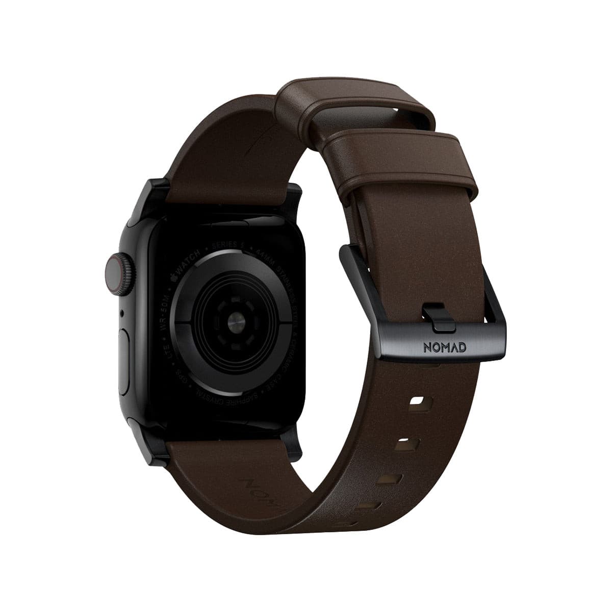 NOMAD Apple Watch Modern Band 45mm - Black Hardware with Brown Nomal Leather Strap.