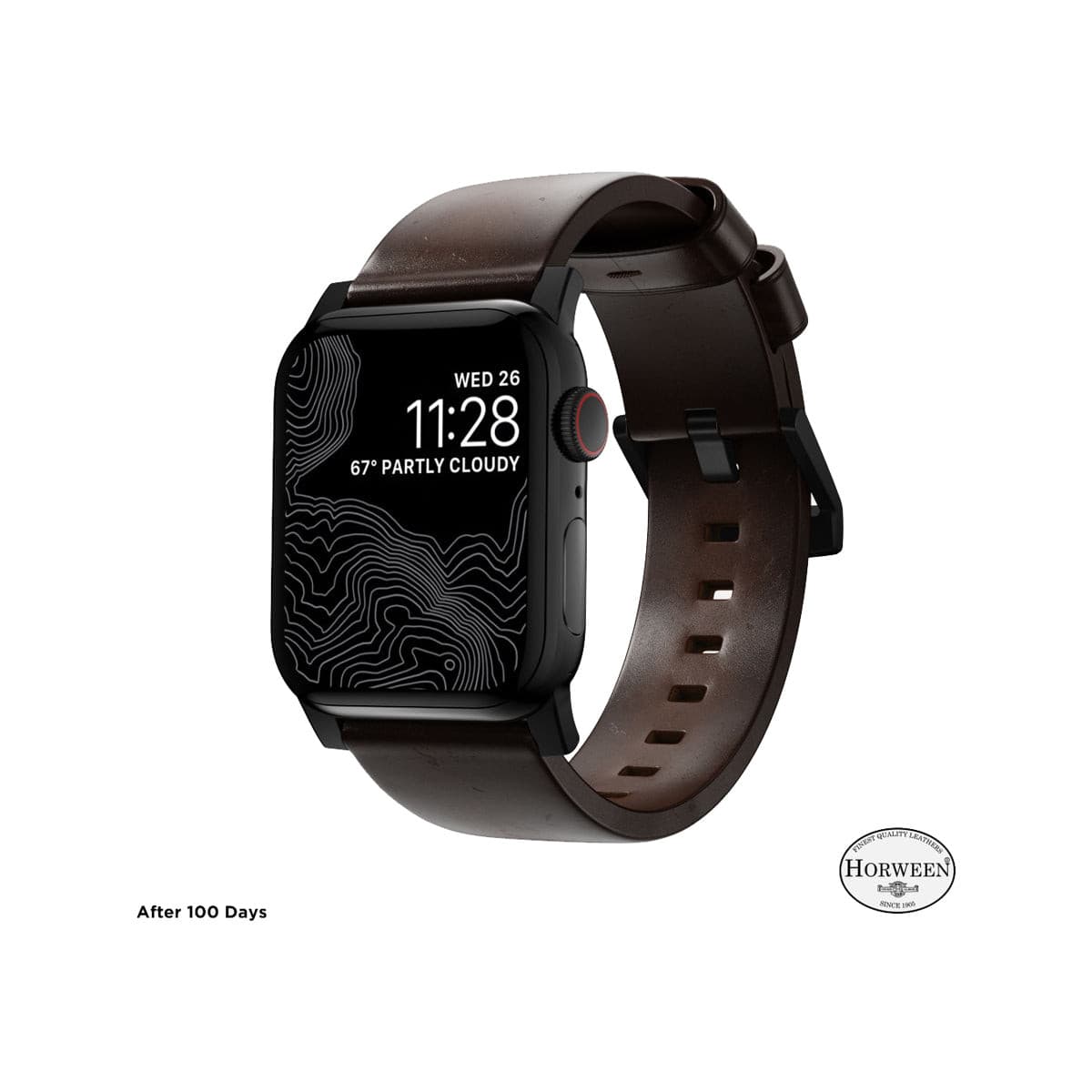Nomad Modern Band for Apple Watch 41mm - Black Hardware with Rustic Brown Horween Leather.