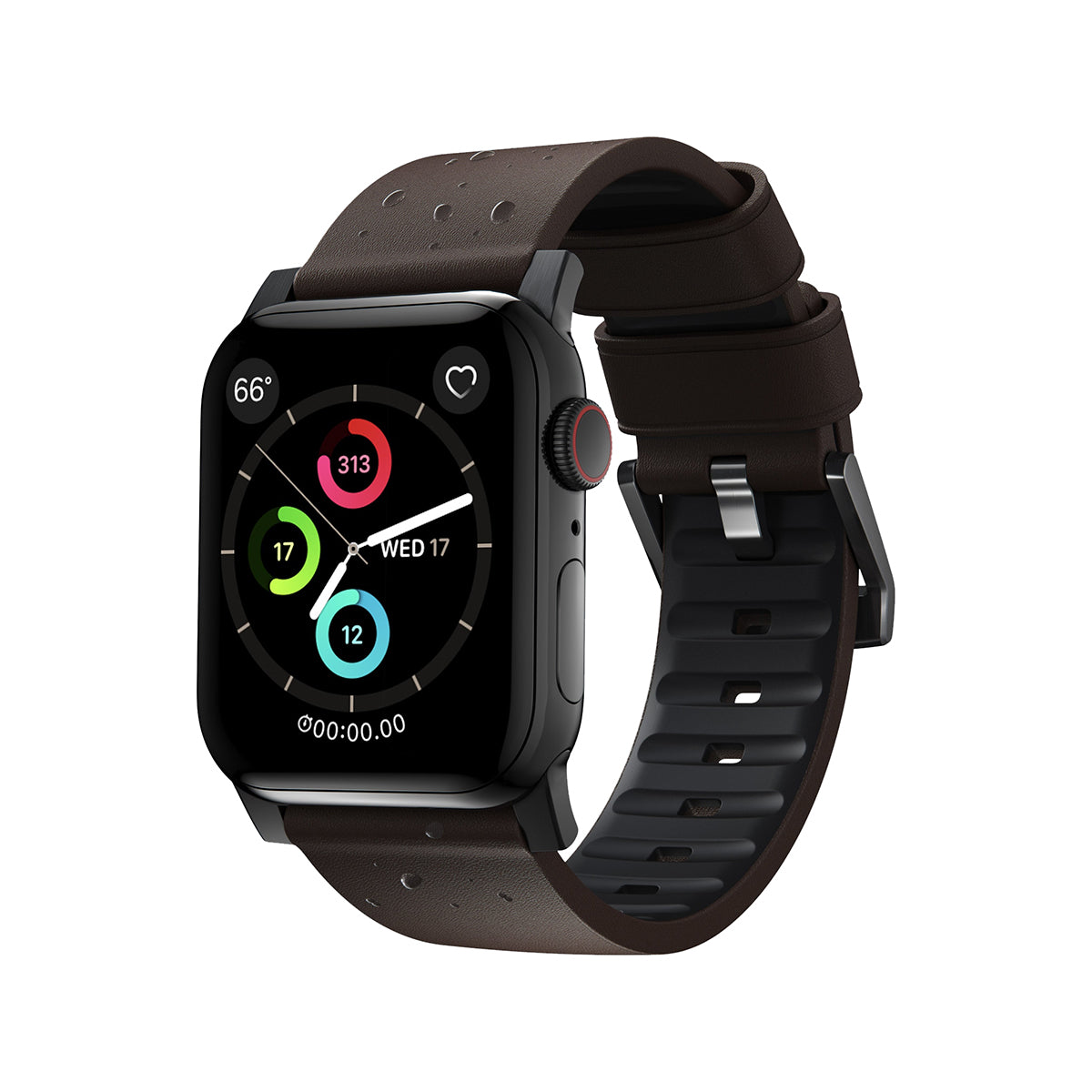 Nomad Apple Watch 41mm Active Band Pro - Black Hardware with Brown Leather Strap.