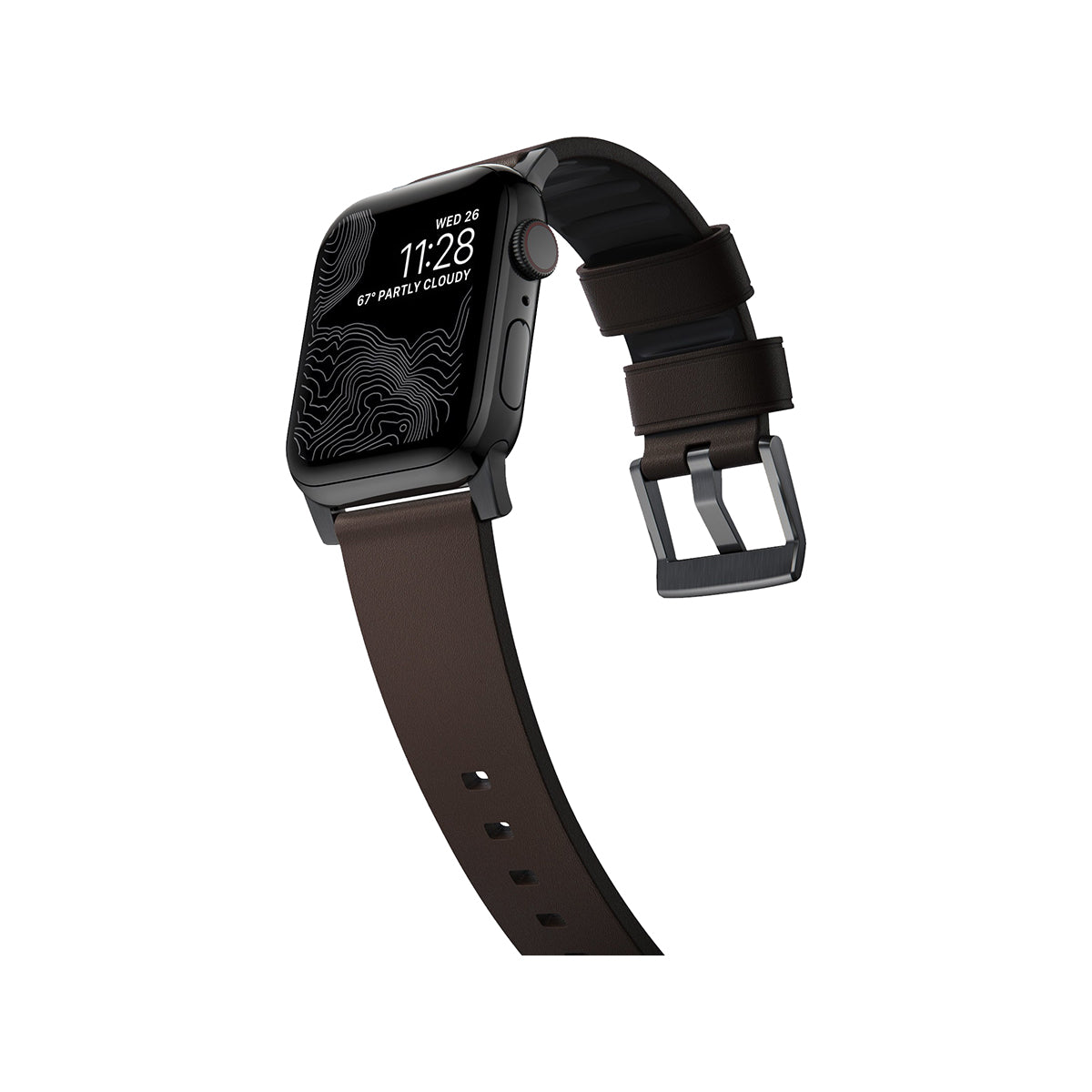 Nomad Apple Watch 41mm Active Band Pro - Black Hardware with Brown Leather Strap.