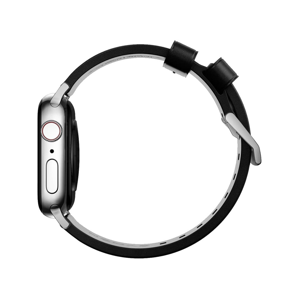 NOMAD Apple Watch Modern Band 45mm - Silver Hardware with Black Horween Leather Strap.