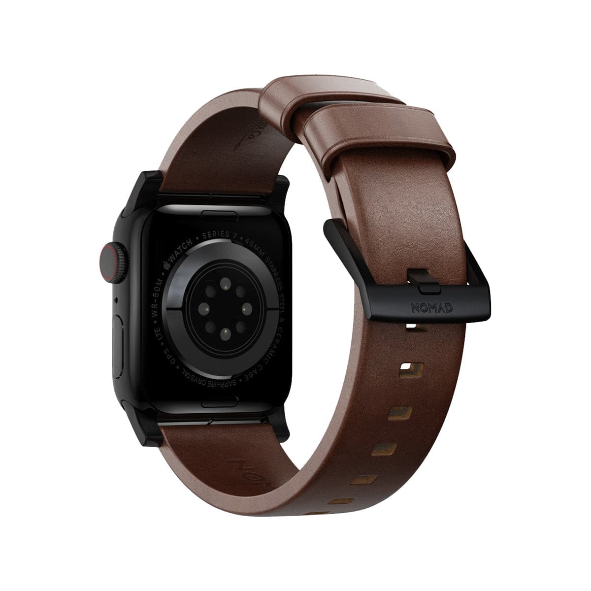 NOMAD Apple Watch Modern Band 45mm - Black Hardware with Rustic Brown Horween Leather Strap.