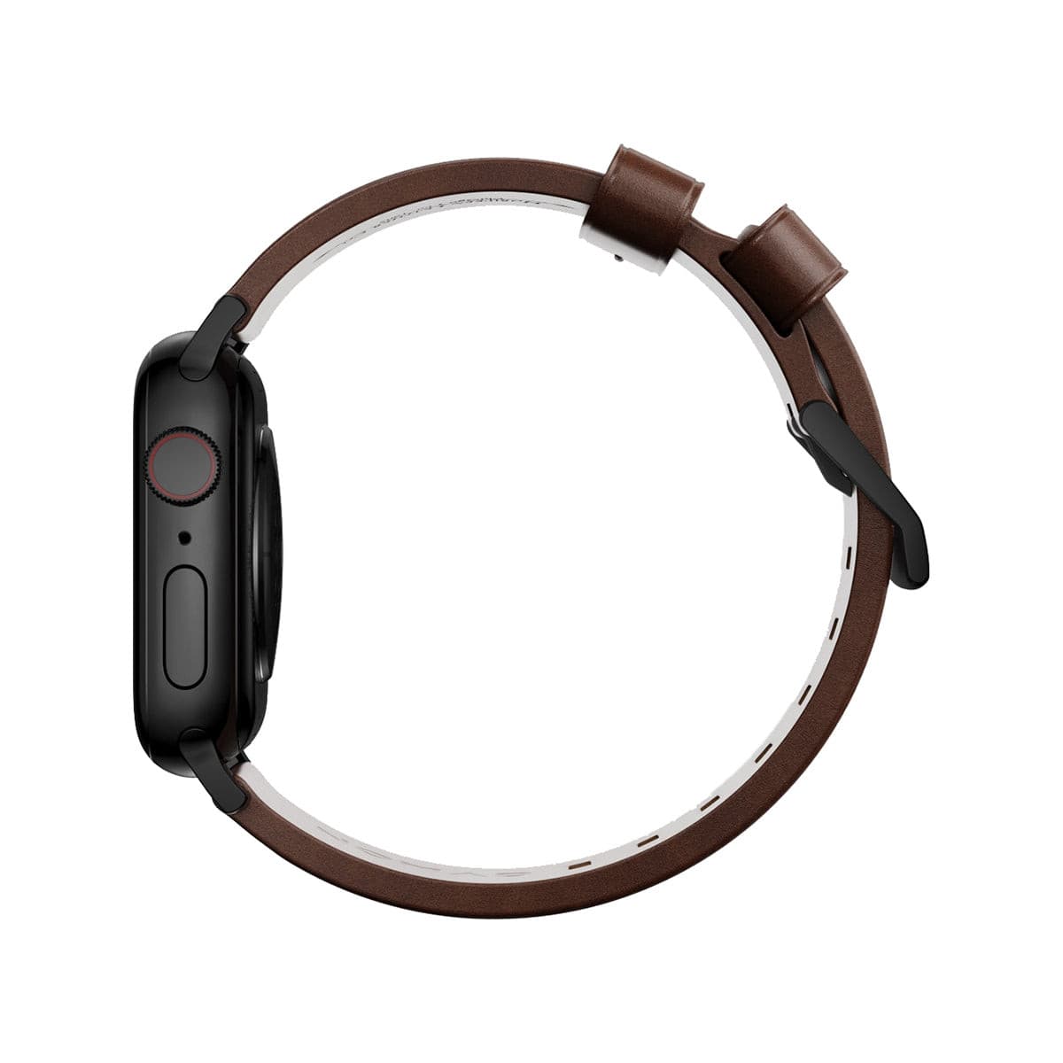 NOMAD Apple Watch Modern Band 45mm - Black Hardware with Rustic Brown Horween Leather Strap.