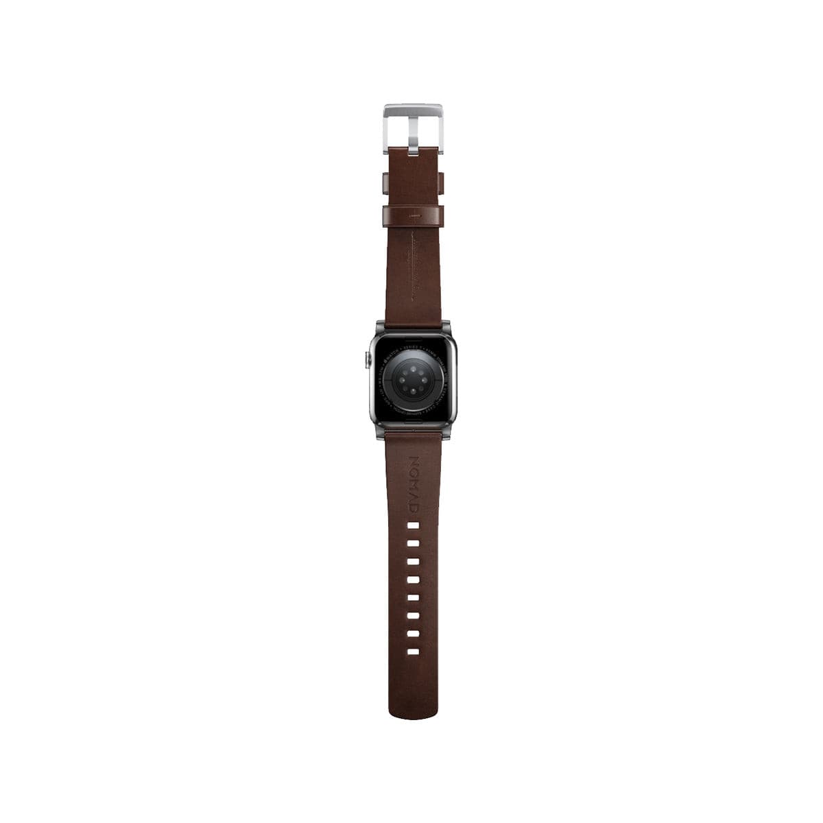 NOMAD Apple Watch Modern Band 45mm - Silver Hardware with Rustic Brown Horween Leather Strap.