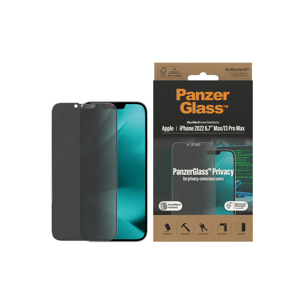 PanzerGlass Ultra-Wide Fit Privacy Antibacterial Screen Protector for iPhone 14 Plus.