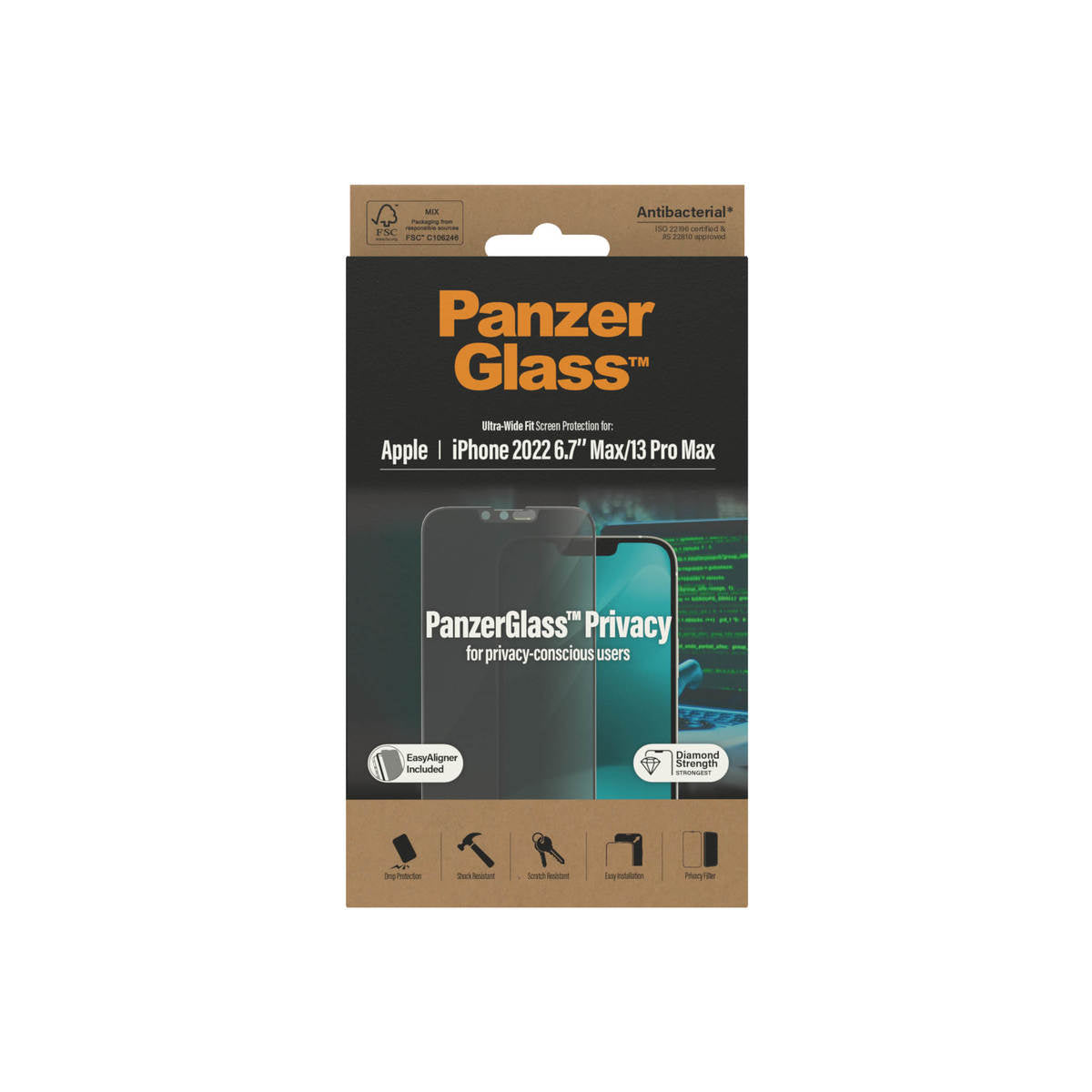 PanzerGlass Ultra-Wide Fit Privacy Antibacterial Screen Protector for iPhone 14 Plus.