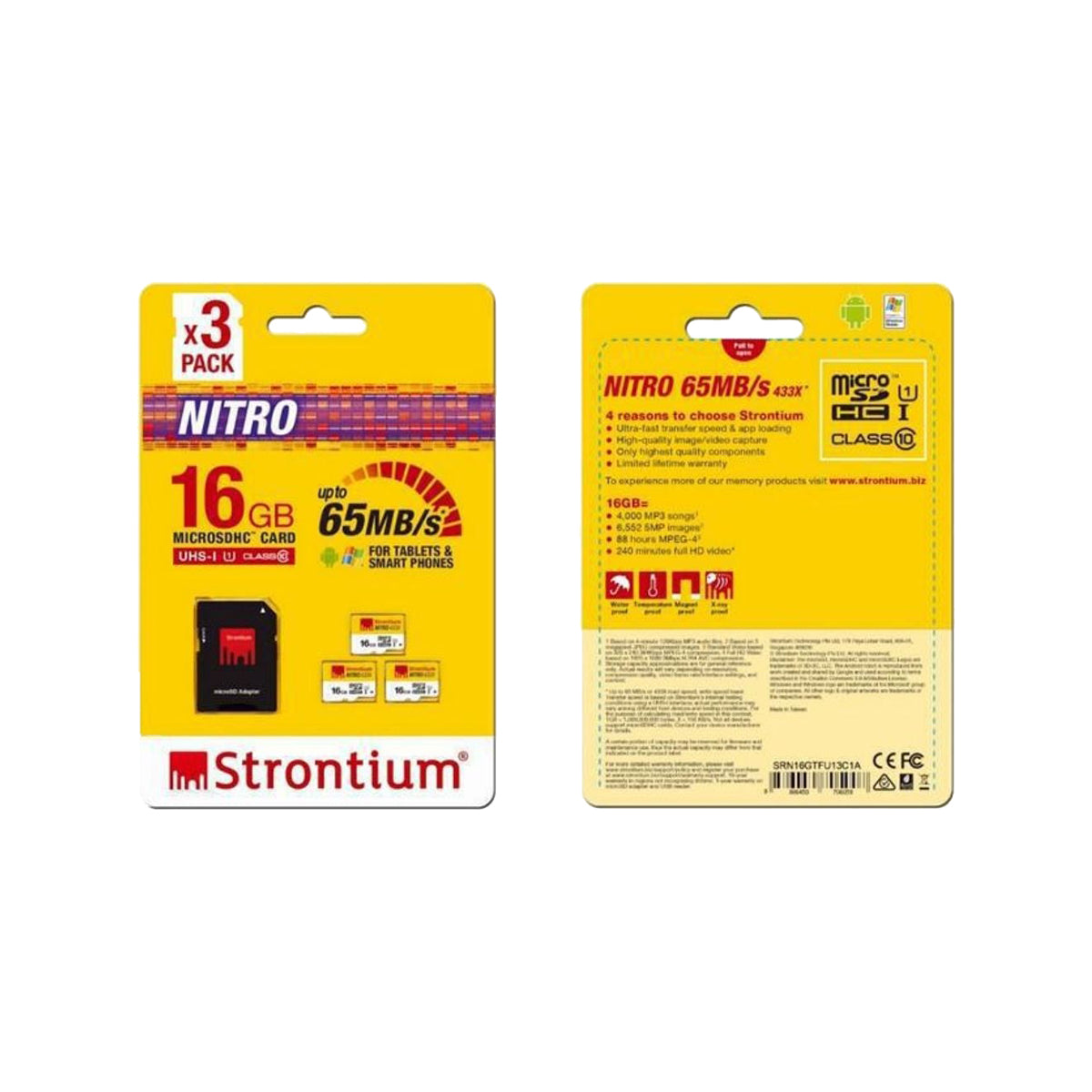 Strontium 16G Nitro MicroSD 3 Pack & SD Adapter for Mobile Phones