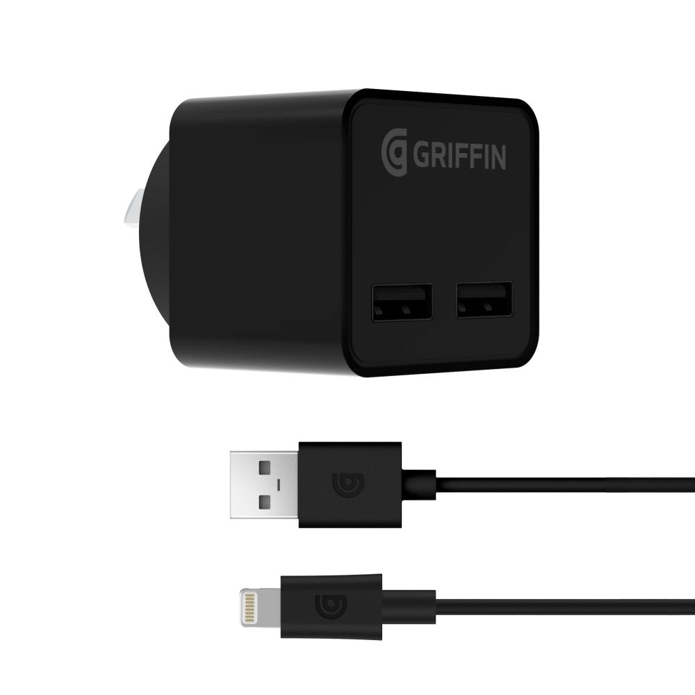 Griffin PowerBlock Dual Universal 12W Wall Charger Adapter USB-A to Lightning Cable - Power - Techunion -