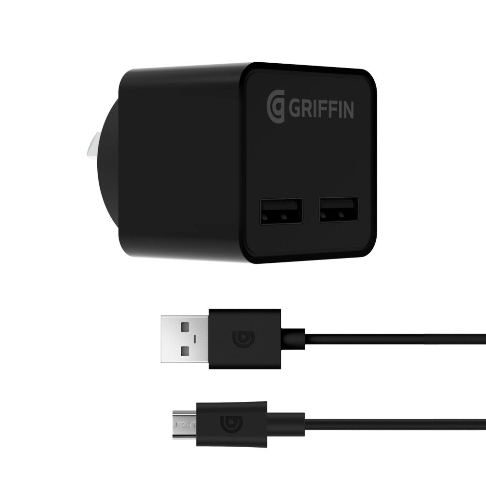 Griffin PowerBlock Dual Universal 12W Wall Charger Adapter USB-A to Micro USB Cable - Power - Techunion -